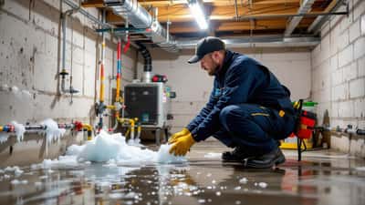 Heizungsinstallateur prüft eingefrorene Wasserleitungen in einem deutschen Keller im Winter 2026