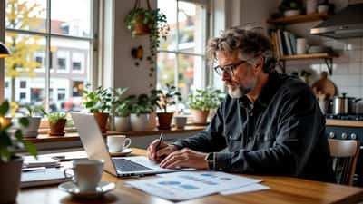 Freelance artiest herberekent zijn inkomen aan een keukentafel in Amsterdam na het wegvallen van een televisiecontract
