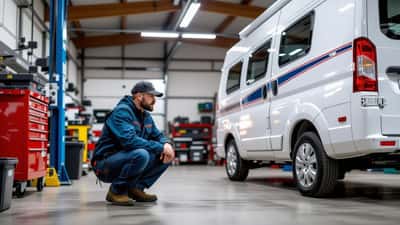 Mécanicien en combinaison bleue inspectant l'attelage et les pneus d'une caravane dans un garage suisse avant un départ au lac de Garde