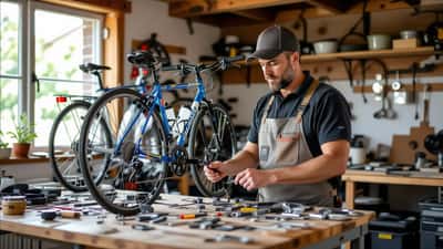 Mécanicien réglant le dérailleur arrière d'un vélo de route dans un atelier