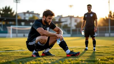 Jogador amador de futebol a segurar a coxa com dor num campo municipal em Lisboa, pré-época agosto 2026