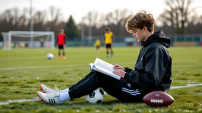 Jovem jogador de futebol a estudar com livros e uma bola junto ao relvado de uma academia