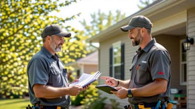 Roofers working on a residential house exterior during a home improvement project