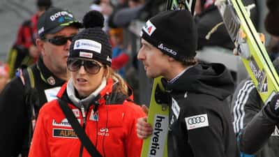 Simon Ammann, quadruple champion olympique de saut à ski suisse, lors d'un entraînement