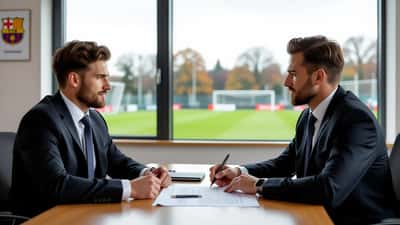 A young footballer negotiating a contract with an agent and lawyer in a club office