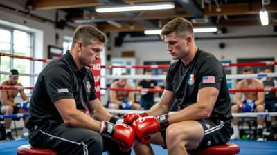 Sports medicine practitioner assessing a boxer for concussion at a London boxing gym ringside