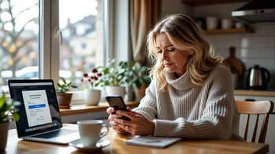 Bekymret kvinne ser på mistenkelig bank-SMS på mobilen ved kjøkkenbordet