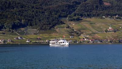 Vue aérienne du lac de Bienne avec le village de Ligerz, canton de Berne, Suisse