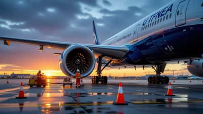 Ingénieurs aéronautiques inspectent un moteur de Boeing 777 sur le tarmac d'un aéroport au crépuscule
