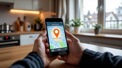 Hände halten Smartphone mit Wetter-App und GPS-Standort-Symbol über einer Stadtkarte