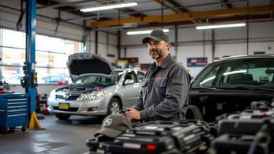 Mécanicien vérifiant les pneus et le liquide de refroidissement d'une voiture familiale chargée de bagages dans un garage au Québec