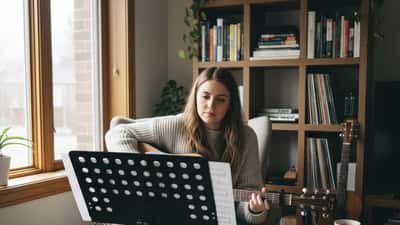 Jeune femme qui joue de la guitare acoustique dans une salle de musique à Montréal, éclairée par la lumière naturelle