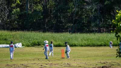 Cricket match in progress at a suburban Australian oval, batsman and wicketkeeper at the crease