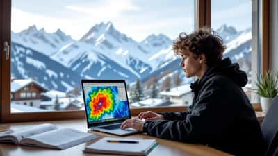 Élève suisse consultant un radar à précipitations MétéoSuisse sur son ordinateur avec un manuel de physique ouvert