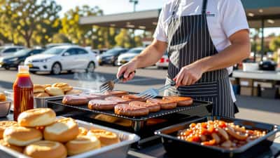 Volunteer cooking sausages at a Bunnings Hardware charity sausage sizzle stall in suburban Australia