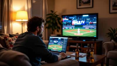 Canadian fan frustrated at MLB.TV blackout screen on laptop while baseball game plays on TV in background