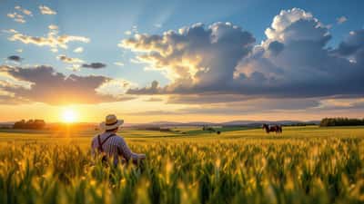Siebenschläfertag 2026: Bauer betrachtet Wetterhimmel über österreichischem Feld