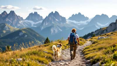 Escursionista con un cane al guinzaglio su un sentiero delle Dolomiti di Sesto con le Tre Cime sullo sfondo in una giornata estiva