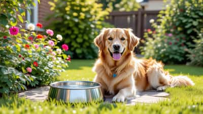 Golden retriever resting in a shady garden with a water bowl on a hot summer day