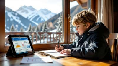 Enfant notant les prévisions météo dans un carnet près d'une fenêtre, en Suisse