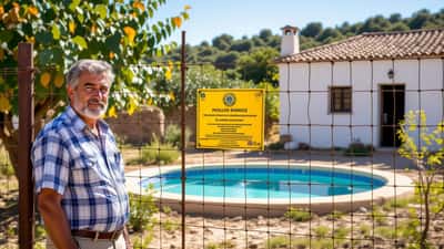 Proprietário perante aviso de embargo municipal em propriedade rural no Alentejo com piscina em construção ao fundo
