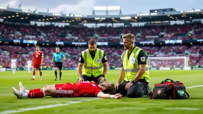 Medisinsk personell behandler fotballspiller på banen etter kollaps