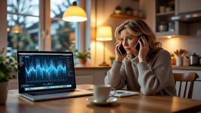 Bezorgde vrouw met smartphone kijkt naar stemverificatie op laptop, deepfake-fraude