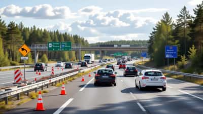 Bilar i kö på E20 vid ett vägarbete under sommaren 2026