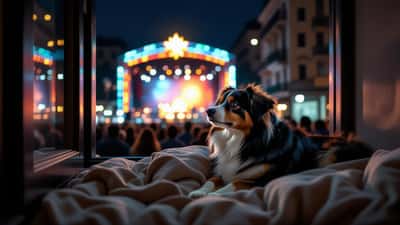 Cane che si nasconde sotto il divano in appartamento milanese durante un concerto all'aperto
