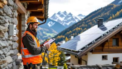 Technicien solaire installant des panneaux photovoltaïques sur une toiture de chalet suisse, Tessin, septembre 2026