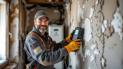 Handwerker misst Feuchtigkeit an wasserschadengeschädigter Wand in einer österreichischen Wohnung