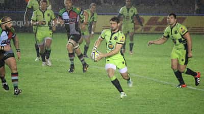 Harlequins rugby players in action representing Joe Marler's professional career before his BBC Gladiators media pivot