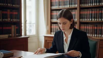Jeune femme aristocratique consultant des documents de succession dans un bureau d'avocat parisien