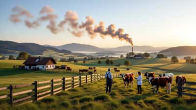Landwirt und Tierarzt beraten sich auf Weide mit Rindern, im Hintergrund Rauch über österreichischer Agrarlandschaft