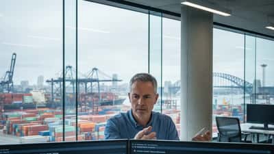 Australian IT manager reviewing supply chain disruption data in Sydney office with port view