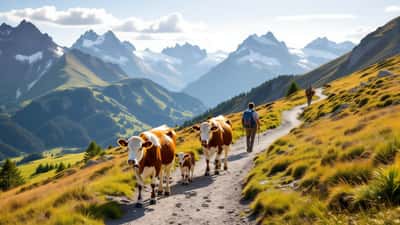 Troupeau de vaches Simmental sur un sentier de randonnée alpin en Suisse, randonneur en danger