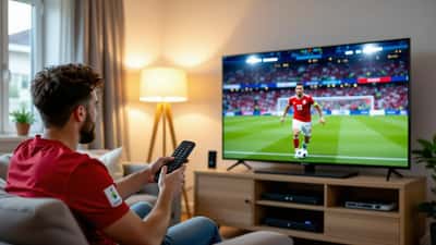 Smart television showing England vs Norway World Cup 2026 quarter-final streaming at home in the UK