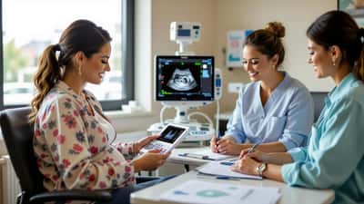 Pregnant woman holding ultrasound scan in NHS consultation room after pregnancy loss