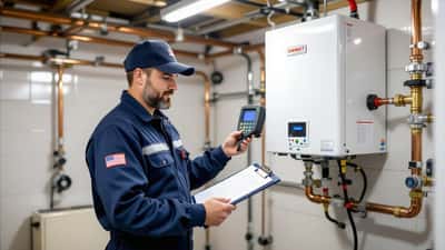 Technicien chauffagiste connectant un analyseur de combustion à une chaudière gaz murale dans un local technique à Lausanne
