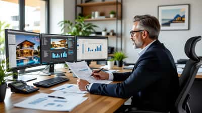 Consultor financeiro revisando documentos de compra de mansão de luxo em escritório em São Paulo