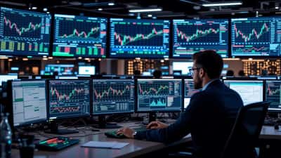 Network engineer monitoring S&P 500 trading servers and data screens in a financial technology command center