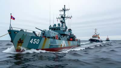 Corvette de guerre russe naviguant près d'un pétrolier en mer Baltique