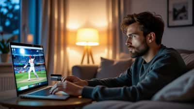 Uomo guarda un sito di streaming cricket pirata su un laptop al buio, con pop-up sospetti e carta di credito in mano