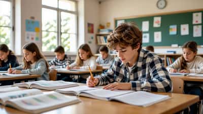 Aluno a estudar com livros e cadernos numa sala de aula europeia sem telemóvel à vista