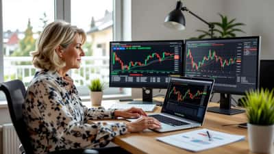 Investisseuse canadienne consultant son portefeuille REER sur ordinateur alors que les tarifs américains Section 338 menacent 20 milliards d'exportations