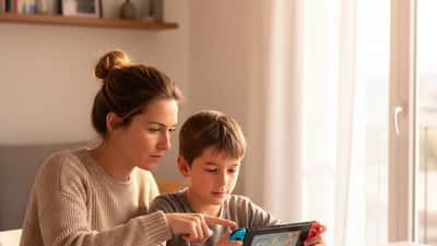 Mère et enfant regardant une Nintendo Switch ensemble à Bordeaux