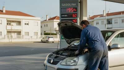 Mecânico verifica motor de carro num posto de abastecimento em Portugal