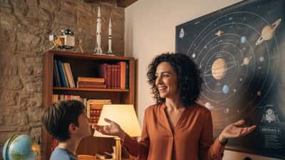 Professoressa di ripetizioni mostra poster del sistema solare a studente curioso a Torino