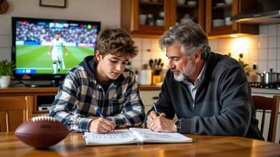 Pai e filho a calcular estatísticas do jogo Gil Vicente-Porto numa mesa de cozinha com caderno de matemática e bola de futebol