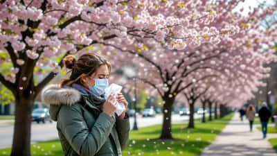 Femme souffrant d'allergies printanières dans un parc de Brampton Ontario avec pollen dans l'air